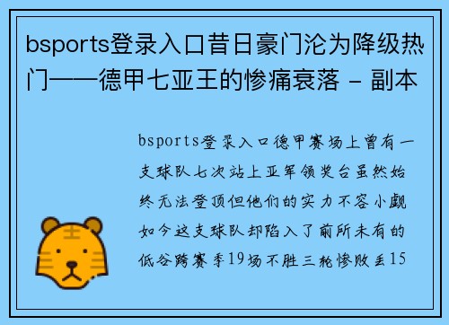 bsports登录入口昔日豪门沦为降级热门——德甲七亚王的惨痛衰落 - 副本